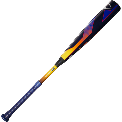 The 2025 Louisville Slugger Select PWR (-5) USA Baseball Bat (WBL4010010) features a blue grip, brown handle, black barrel with yellow/orange gradient accents and geometric patterns; USA Baseball certified.