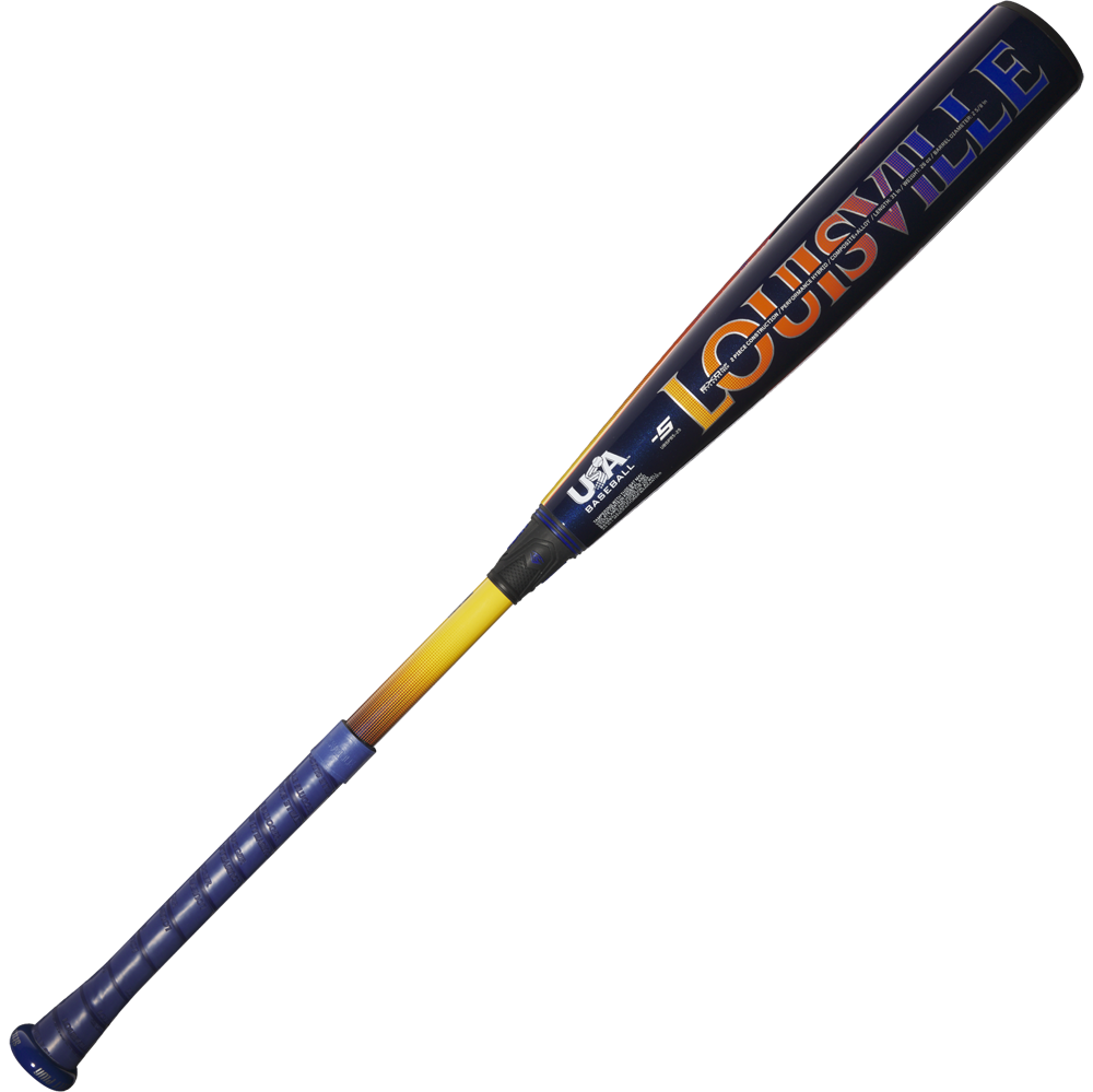The 2025 Louisville Slugger Select PWR (-5) 2 5/8" USA Baseball Bat (WBL4010010) features a blue handle, yellow transition, and black barrel with the LOUISVILLE logo in bold orange and purple letters.