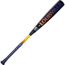 The 2025 Louisville Slugger Select PWR (-5) 2 5/8" USA Baseball Bat (WBL4010010) features a blue handle, yellow transition, and black barrel with the LOUISVILLE logo in bold orange and purple letters.