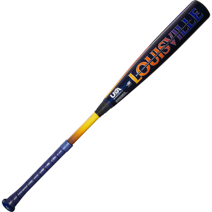 The 2025 Louisville Slugger Select PWR (-5) 2 5/8" USA Baseball Bat (WBL4010010) features a blue handle, yellow transition, and black barrel with the LOUISVILLE logo in bold orange and purple letters.