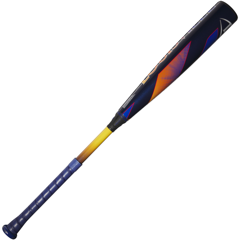 The 2025 Louisville Slugger Select PWR (-5) USA Baseball Bat (WBL4010010) features a blue grip, yellow handle, and navy blue barrel with orange and purple graphics on a white background.