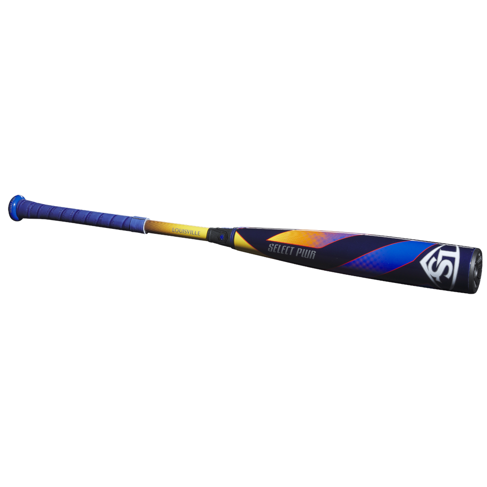 The 2025 Louisville Slugger Select PWR (-5) USA Baseball Bat (WBL4010010) features a blue grip, yellow handle, black barrel with colorful accents, and is ideal for young players.