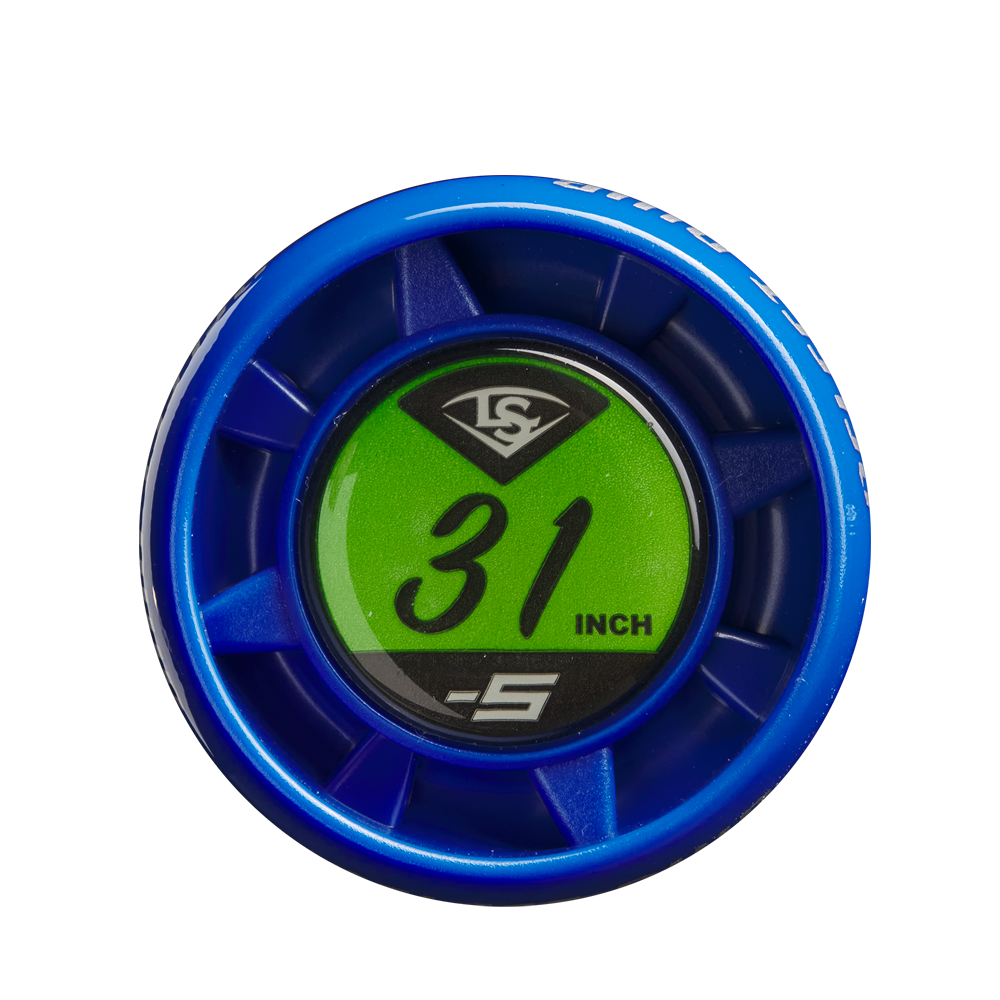 A blue circular end cap with a green label displaying the Louisville Slugger logo, “31 INCH,” and “-5”—designed for the 2025 Louisville Slugger Select PWR (-5) 2 5/8" USA Baseball Bat: WBL4010010.