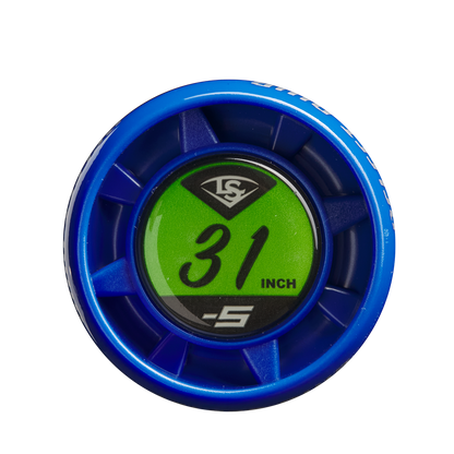 A blue circular end cap with a green label displaying the Louisville Slugger logo, “31 INCH,” and “-5”—designed for the 2025 Louisville Slugger Select PWR (-5) 2 5/8" USA Baseball Bat: WBL4010010.