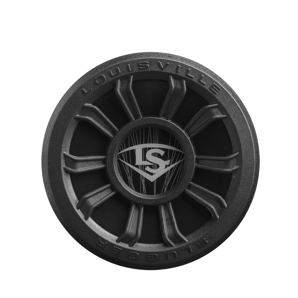 A black circular object with a spoke-like design, featuring the Louisville Slugger logo in the center and "LOUISVILLE SLUGGER" text on the edge—ideal for fans of the 2025 Louisville Slugger Select PWR (-5) USA Baseball Bat (WBL4010010).