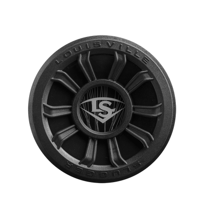 A black circular object with a spoke-like design, featuring the Louisville Slugger logo in the center and "LOUISVILLE SLUGGER" text on the edge—ideal for fans of the 2025 Louisville Slugger Select PWR (-5) USA Baseball Bat (WBL4010010).