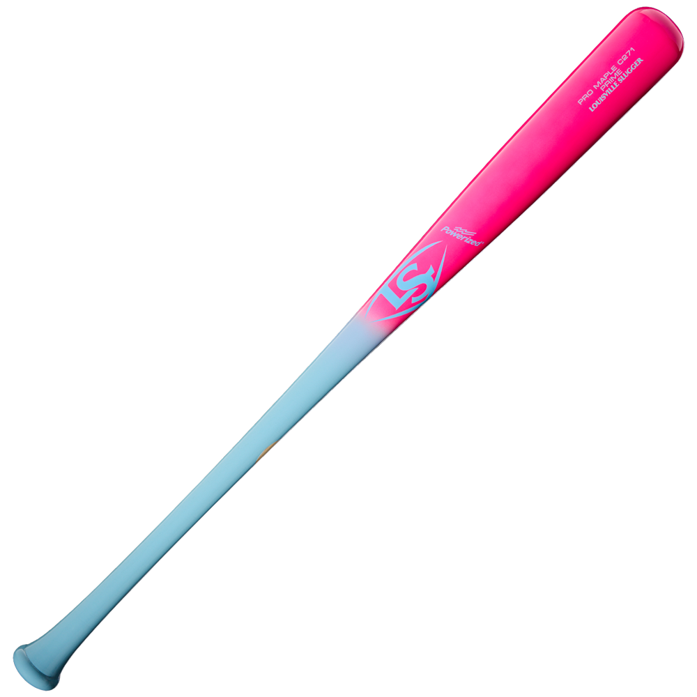 The Louisville Slugger Pro Prime Cotton Candy C271 Maple Wood Baseball Bat (WBL4039010) features a striking gradient design that transitions from light blue at the handle to vibrant pink at the barrel, accented by bold white text and logos. Crafted with a professional series finish, this bat delivers standout style and performance true to the Louisville Slugger brand.