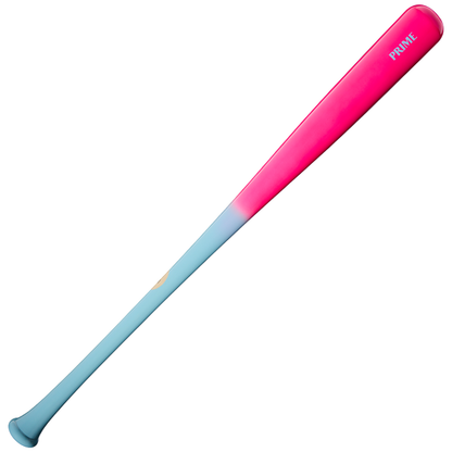The Louisville Slugger Pro Prime Cotton Candy C271 Maple Wood Baseball Bat (WBL4039010) features a light blue handle and a vibrant pink barrel, with colors merging seamlessly in the middle. The bat displays the word “PRIME” near the end, highlighting its professional-grade Louisville Slugger finish.