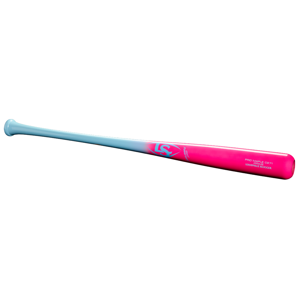 The Louisville Slugger Pro Prime Cotton Candy C271 Maple Wood Baseball Bat (WBL4039010) features a light blue handle fading into a vibrant pink barrel with white text and the iconic LS logo near the center, all crafted by Louisville Slugger for premium performance with a professional series finish.