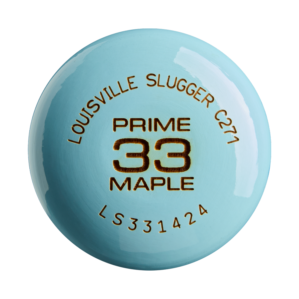 Top view of a light blue Louisville Slugger Pro Prime Cotton Candy C271 Maple Wood Baseball Bat (WBL4039010) with a professional series finish, featuring PRIME 33 MAPLE and serial number LS331424 engraved in dark gold on the knob.