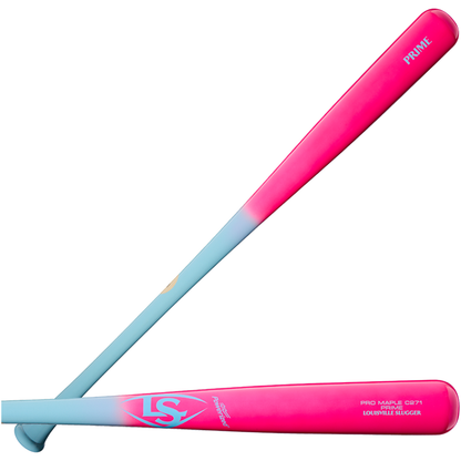 The Louisville Slugger Pro Prime Cotton Candy C271 Maple Wood Baseball Bat (WBL4039010) features a professional series finish with a gradient design that transitions from light blue at the handle to bright pink at the barrel, and is adorned with the Louisville Slugger logo and PRIME text on the barrel.