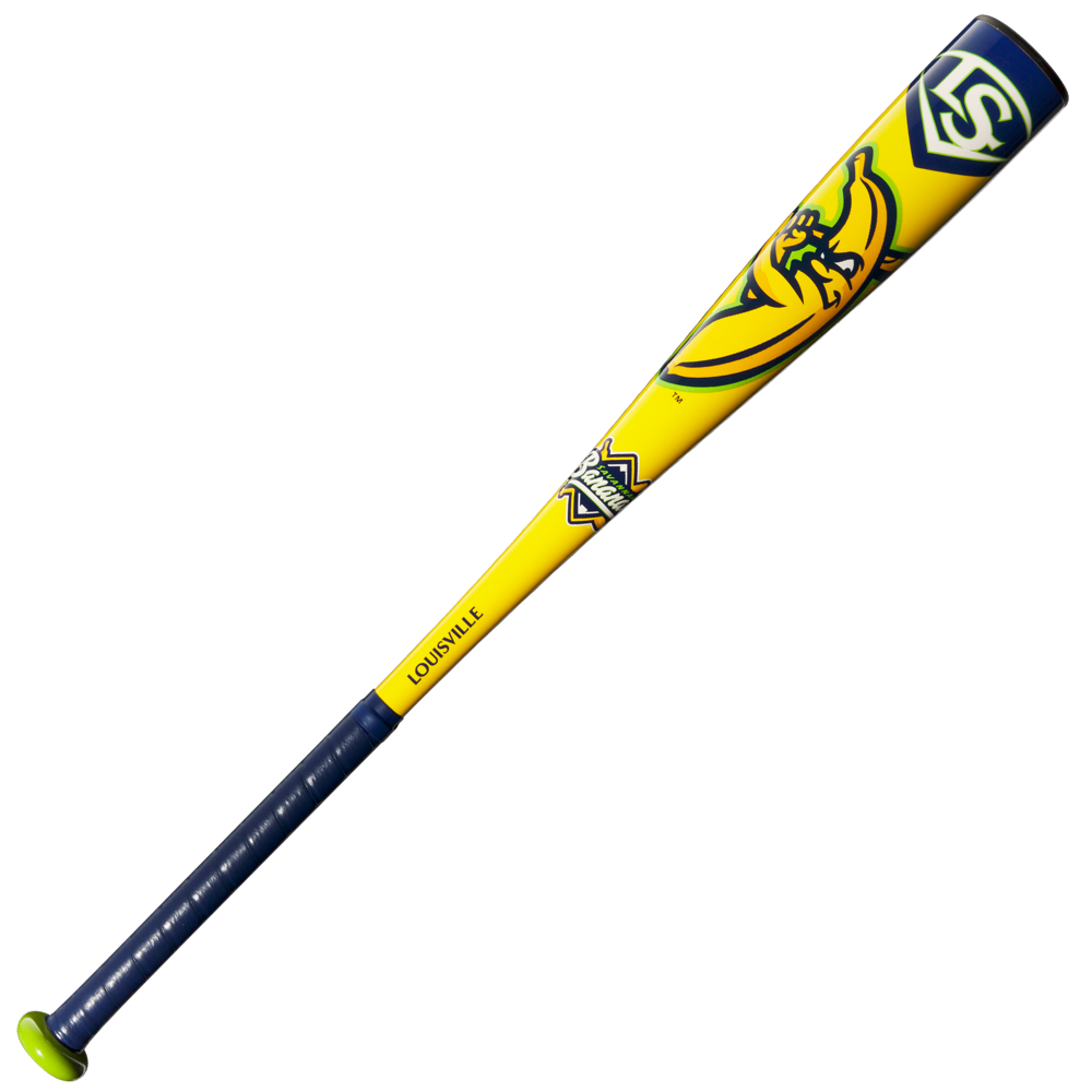 The 2025 Louisville Slugger Savannah Bananas (-10) 2 5/8" USA Baseball Bat (WBL4090) features a yellow and blue design with a green end cap and handle, a banana graphic, and the Savannah Bananas team logo.