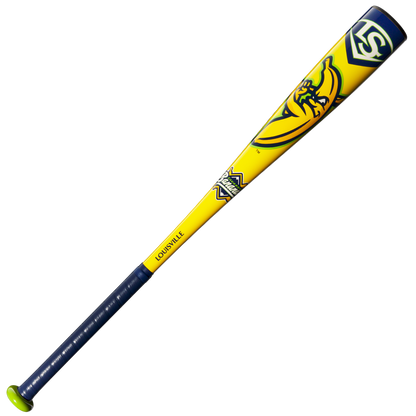 The 2025 Louisville Slugger Savannah Bananas (-10) 2 5/8" USA Baseball Bat (WBL4090) features a yellow and blue design with a green end cap and handle, a banana graphic, and the Savannah Bananas team logo.