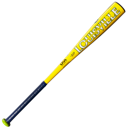 The 2025 Louisville Slugger Savannah Bananas (-10) 2 5/8" USA Baseball Bat (WBL4090) is a yellow and blue youth bat designed to meet USA Baseball standards.