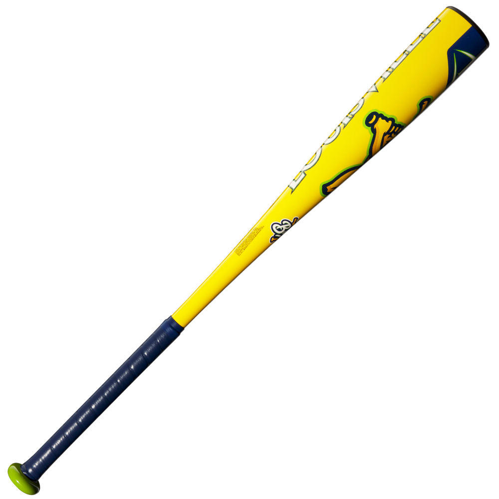 The 2025 Louisville Slugger Savannah Bananas (-10) 2 5/8" USA Baseball Bat (WBL4090) features a yellow barrel, dark blue grip tape, lime green end cap, and bold graphics, shown on a white background.