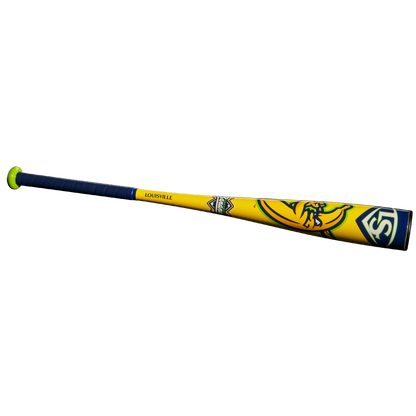 The 2025 Louisville Slugger Savannah Bananas (-10) USA Baseball Bat (WBL4090) features a yellow and blue barrel with a green end cap, dark handle grip, and vibrant graphics near the barrel.