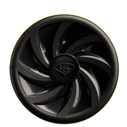 A black circular object on a white background, echoing the sleek style of the 2025 Louisville Slugger Savannah Bananas (-10) 2 5/8" USA Baseball Bat: WBL4090 by Louisville Slugger.