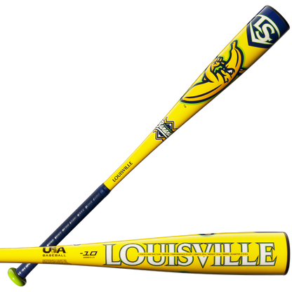 Two youth baseball bats, including the 2025 Louisville Slugger Savannah Bananas (-10) USA Baseball Bat, feature bold Louisville branding, a cartoon bird graphic, dark handles, and vibrant yellow and blue barrel designs.