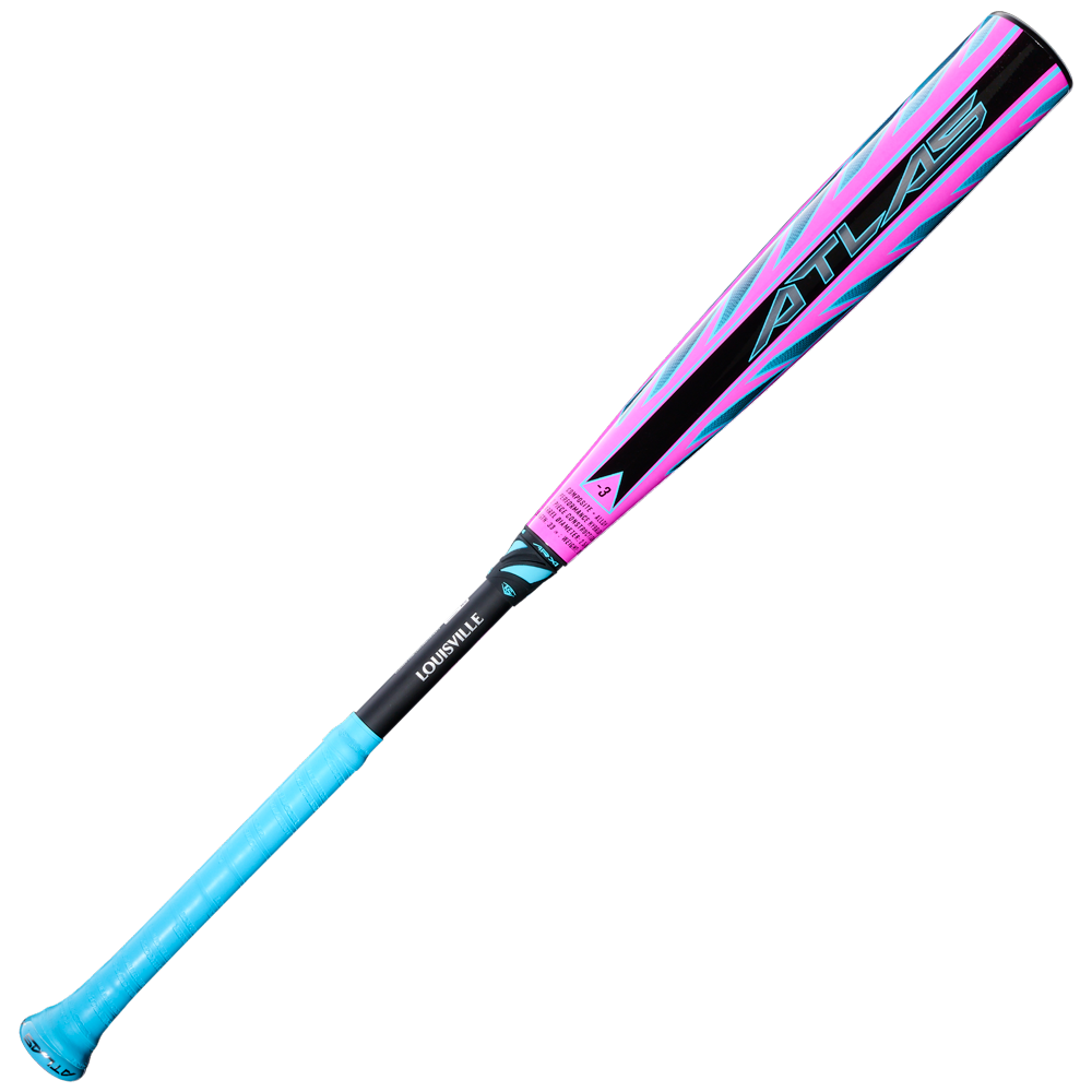 The 2026 Louisville Slugger Atlas Hybrid (-3) BBCOR Baseball Bat (WBL4114010) features a colorful design with a blue grip that fades to pink and black, accented in blue and purple, and bold "ATLAS" lettering on its EVOKE Alloy Barrel.