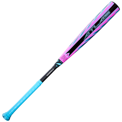 The 2026 Louisville Slugger Atlas Hybrid (-3) BBCOR Baseball Bat (WBL4114010) features a colorful design with a blue grip that fades to pink and black, accented in blue and purple, and bold "ATLAS" lettering on its EVOKE Alloy Barrel.