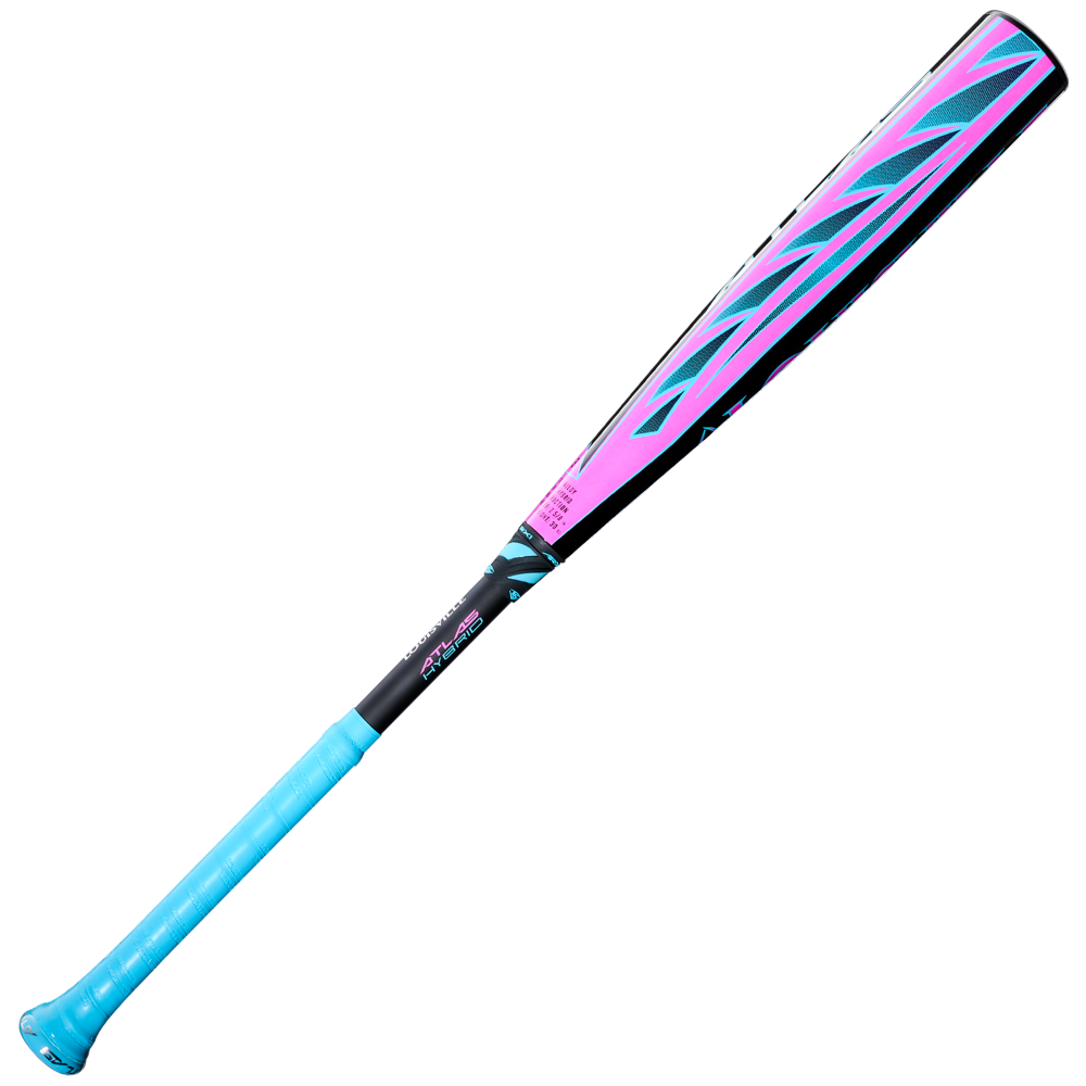 The 2026 Louisville Slugger Atlas Hybrid (-3) BBCOR Baseball Bat (WBL4114010) from Louisville Slugger features a light blue handle fading into a black, pink, and turquoise alloy barrel, shown on a plain white background.