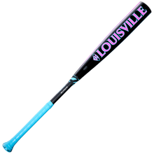 The 2026 Louisville Slugger Atlas Hybrid (-3) BBCOR Baseball Bat features a light blue handle, black-to-pink barrel fade, and bold "LOUISVILLE" lettering in pink and blue, highlighting its eye-catching design.