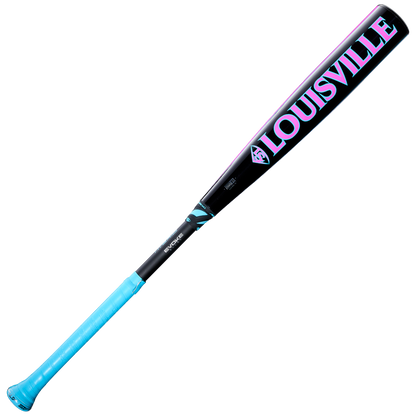 The 2026 Louisville Slugger Atlas Hybrid (-3) BBCOR Baseball Bat features a light blue handle, black-to-pink barrel fade, and bold "LOUISVILLE" lettering in pink and blue, highlighting its eye-catching design.