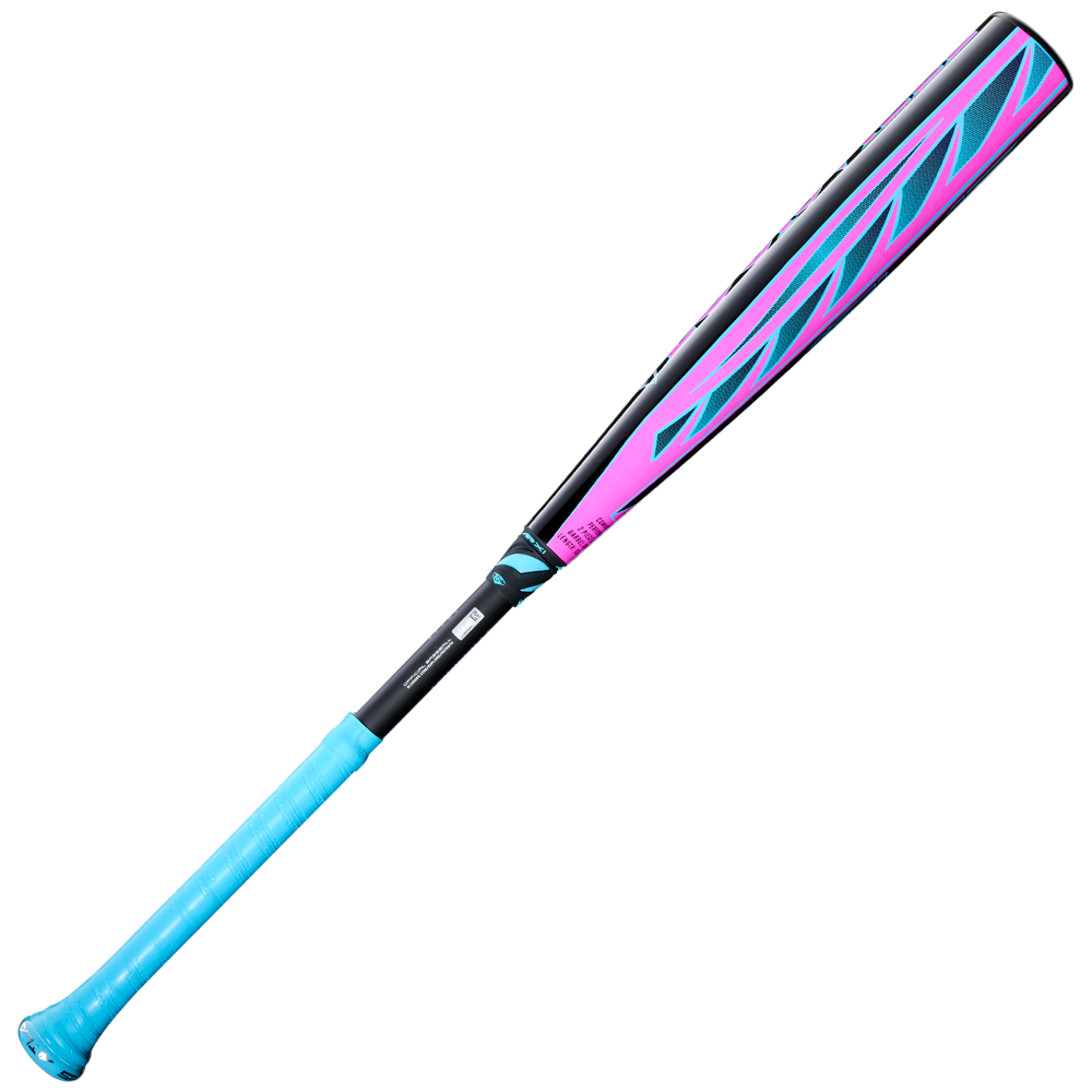 A 2026 Louisville Slugger Atlas Hybrid (-3) BBCOR Baseball Bat (WBL4114010) by Louisville Slugger, with a light blue handle, pink alloy barrel, bold blue diagonal stripes, and black accents displayed on a plain white background.