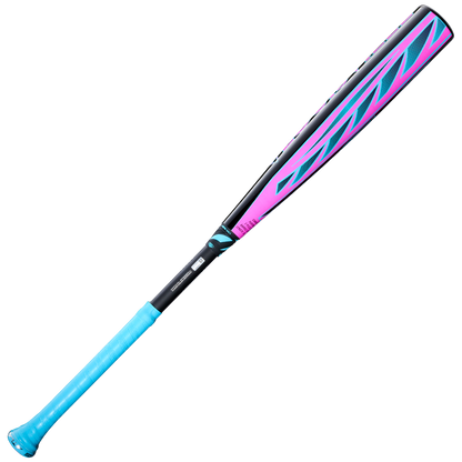 A 2026 Louisville Slugger Atlas Hybrid (-3) BBCOR Baseball Bat (WBL4114010) by Louisville Slugger, with a light blue handle, pink alloy barrel, bold blue diagonal stripes, and black accents displayed on a plain white background.