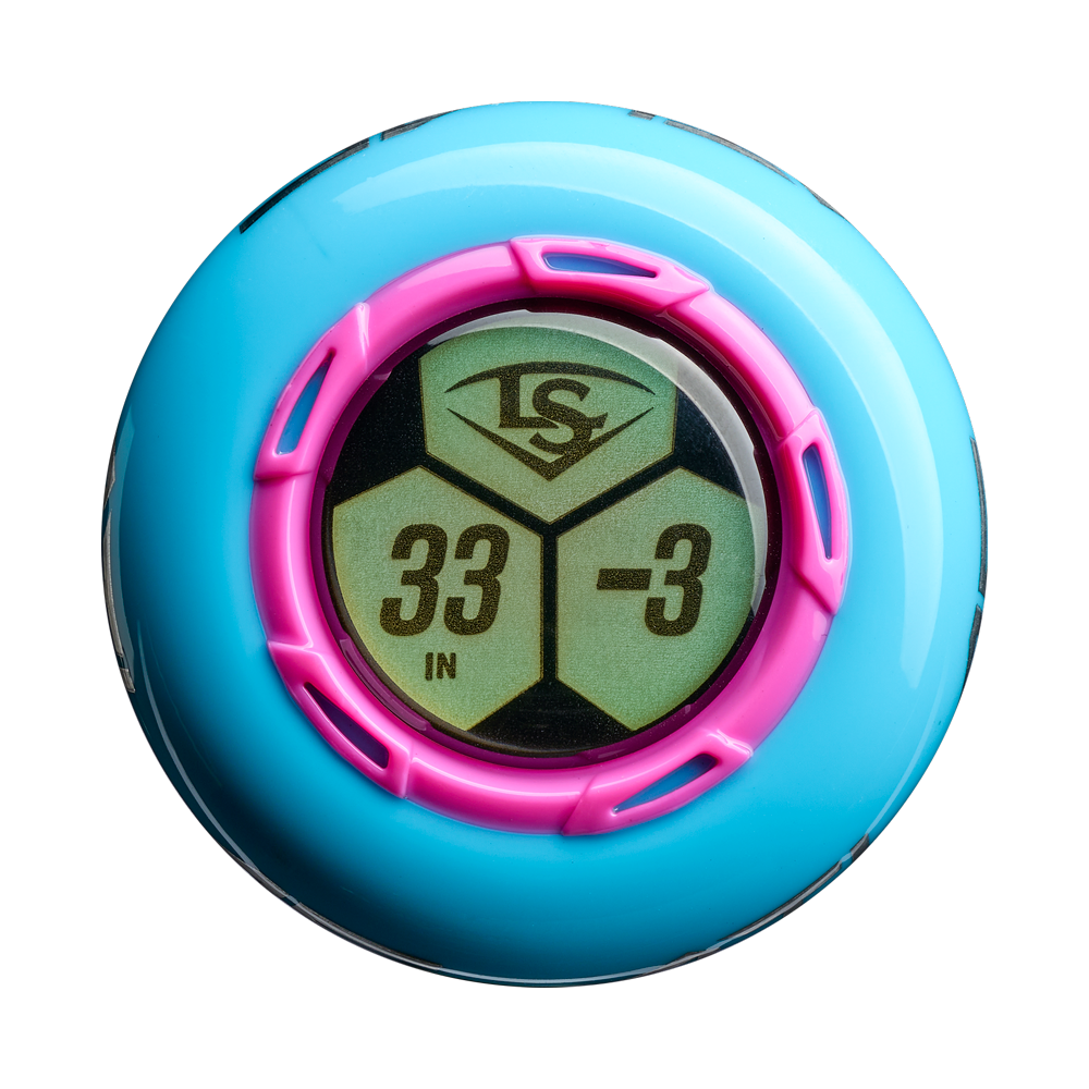 A round digital display with turquoise and pink rings shows 33 and -3, referencing the 2026 Louisville Slugger Atlas Hybrid (-3) BBCOR Baseball Bat (WBL4114010), with "IN" and the Louisville Slugger logo on a green background.