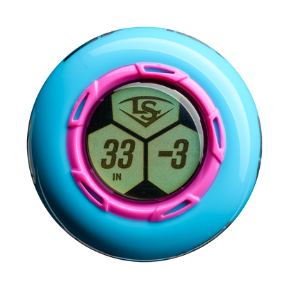 A round digital display with turquoise and pink rings shows 33 and -3, referencing the 2026 Louisville Slugger Atlas Hybrid (-3) BBCOR Baseball Bat (WBL4114010), with "IN" and the Louisville Slugger logo on a green background.