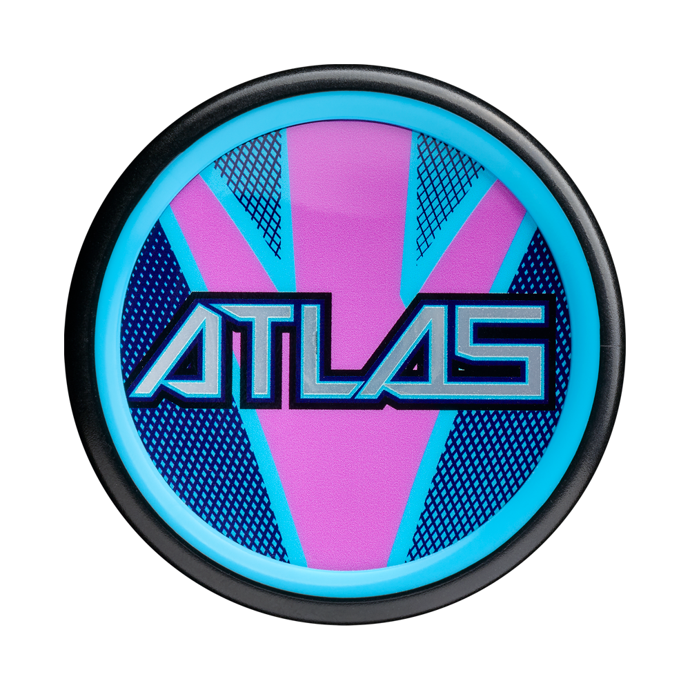 A round object with a black rim and blue edge, featuring "ATLAS" in bold on a pink and blue geometric background—resembling the 2026 Louisville Slugger Atlas Hybrid (-3) BBCOR Baseball Bat’s alloy barrel design.