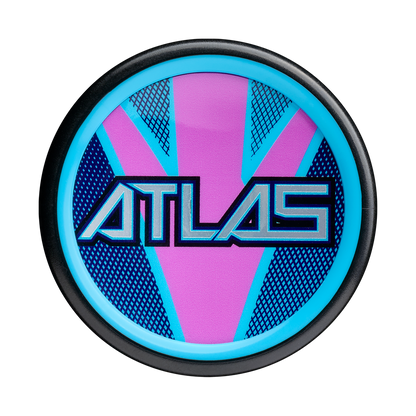 A round object with a black rim and blue edge, featuring "ATLAS" in bold on a pink and blue geometric background—resembling the 2026 Louisville Slugger Atlas Hybrid (-3) BBCOR Baseball Bat’s alloy barrel design.