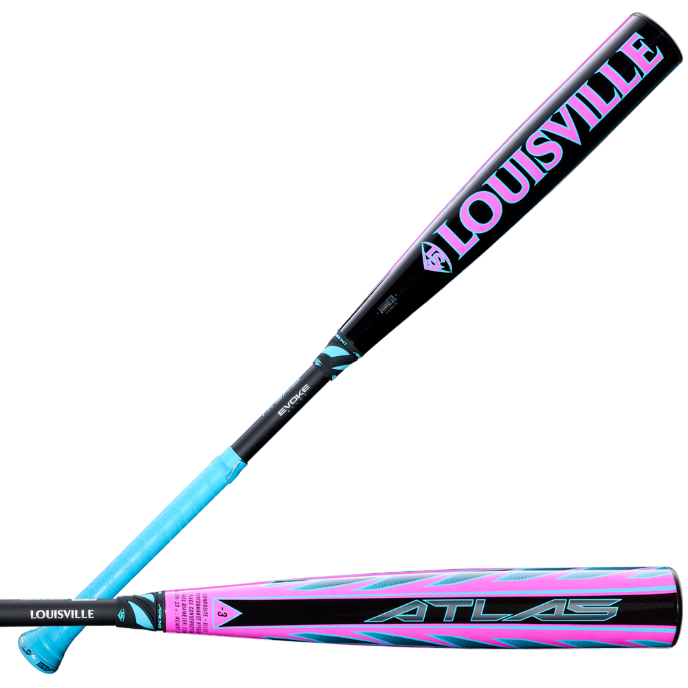 The 2026 Louisville Slugger Atlas Hybrid (-3) BBCOR Baseball Bat (WBL4114010) features a bold black, pink, and blue design with "LOUISVILLE" and "ATLAS" printed on the alloy barrel.