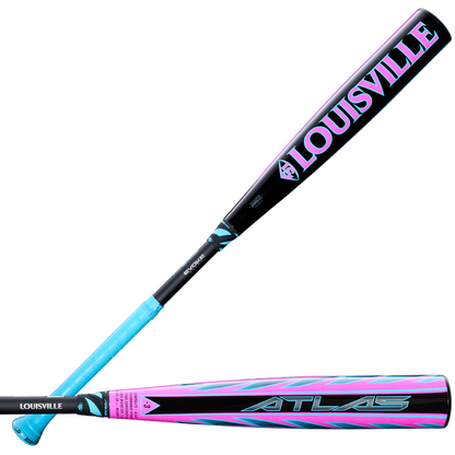 The 2026 Louisville Slugger Atlas Hybrid (-3) BBCOR Baseball Bat (WBL4114010) features a bold black, pink, and blue design with "LOUISVILLE" and "ATLAS" printed on the alloy barrel.