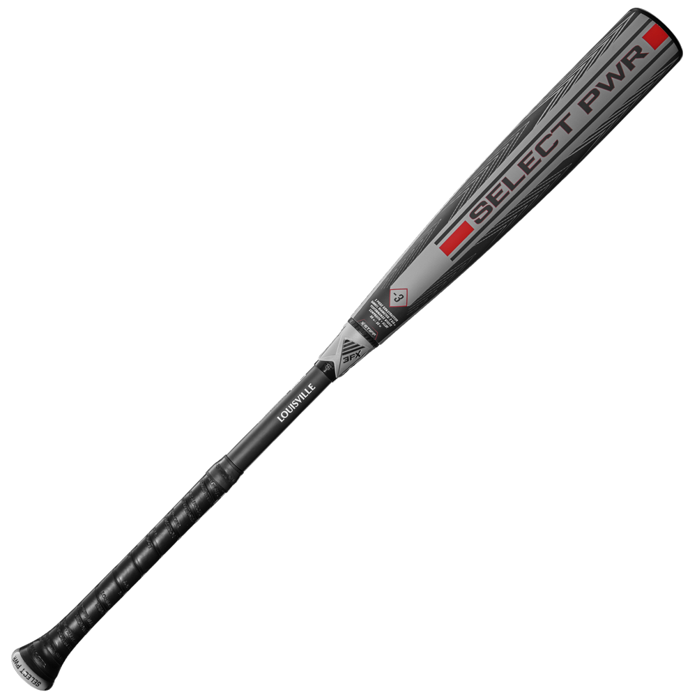The 2026 Louisville Slugger Select PWR (-3) BBCOR Baseball Bat (WBL4115010) features a black and gray design with red accents and "SELECT PWR" on the barrel, ideal for power hitters.