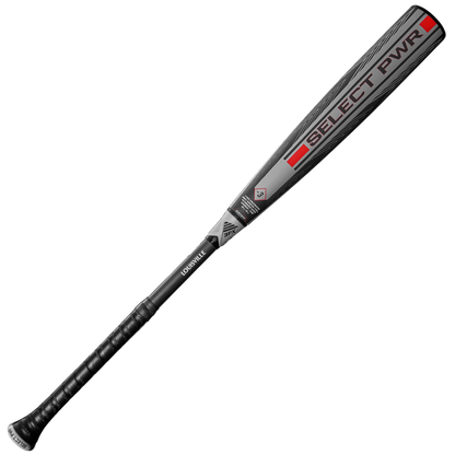 The 2026 Louisville Slugger Select PWR (-3) BBCOR Baseball Bat (WBL4115010) features a black and gray design with red accents and "SELECT PWR" on the barrel, ideal for power hitters.
