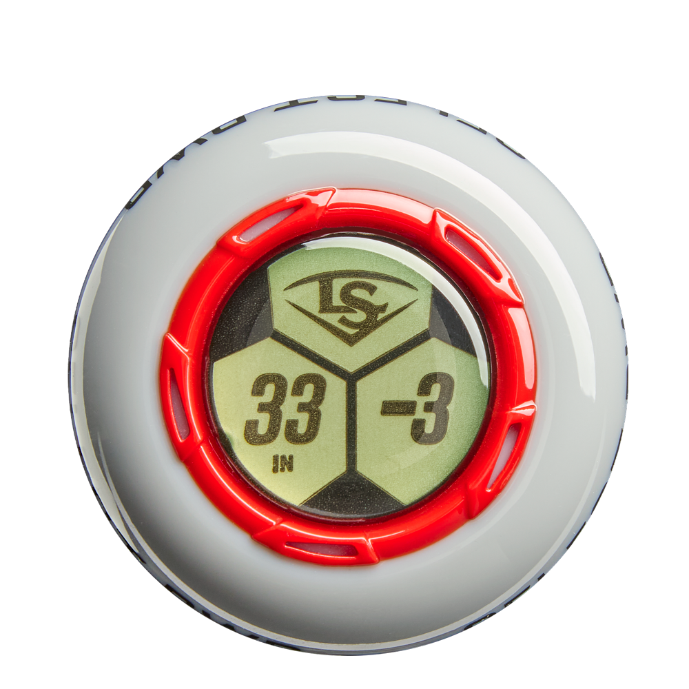 Close-up of the 2026 Louisville Slugger Select PWR (-3) BBCOR Baseball Bat’s digital endcap display, showing specs—33 IN, -3—framed in red on white. Ideal for power hitters. Model: WBL4115010.