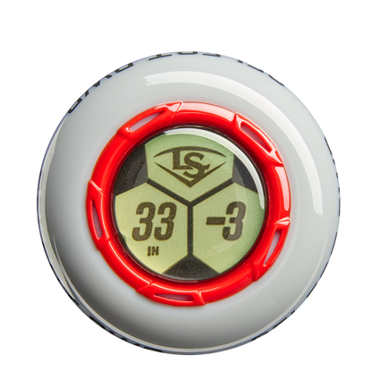 Close-up of the 2026 Louisville Slugger Select PWR (-3) BBCOR Baseball Bat’s digital endcap display, showing specs—33 IN, -3—framed in red on white. Ideal for power hitters. Model: WBL4115010.