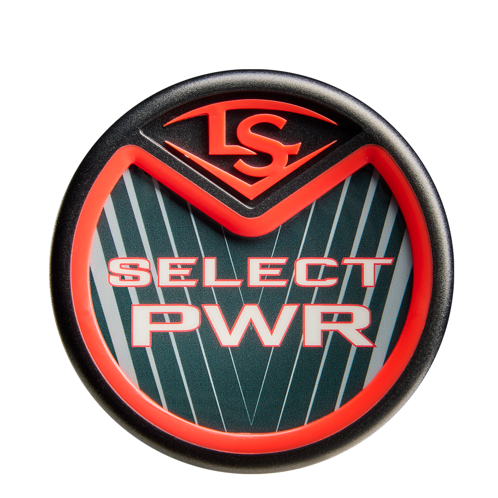 A round badge with "LS" on top and bold, red "SELECT PWR" lettering over a dark, diagonal-lined background and red border—ideal for power hitters swinging the 2026 Louisville Slugger Select PWR (-3) BBCOR Baseball Bat: WBL4115010.