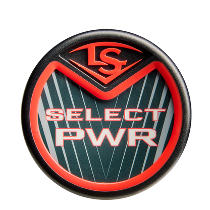 A round badge with "LS" on top and bold, red "SELECT PWR" lettering over a dark, diagonal-lined background and red border—ideal for power hitters swinging the 2026 Louisville Slugger Select PWR (-3) BBCOR Baseball Bat: WBL4115010.