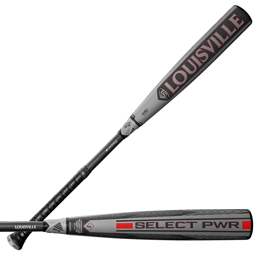 The 2026 Louisville Slugger Select PWR (-3) BBCOR Baseball Bat (WBL4115010) features a gray and black design with red, black LOUISVILLE branding, SELECT PWR on the barrel, and a textured black grip handle for power hitters.
