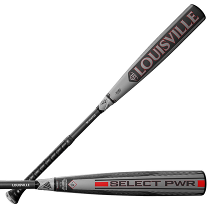 The 2026 Louisville Slugger Select PWR (-3) BBCOR Baseball Bat (WBL4115010) features a gray and black design with red, black LOUISVILLE branding, SELECT PWR on the barrel, and a textured black grip handle for power hitters.