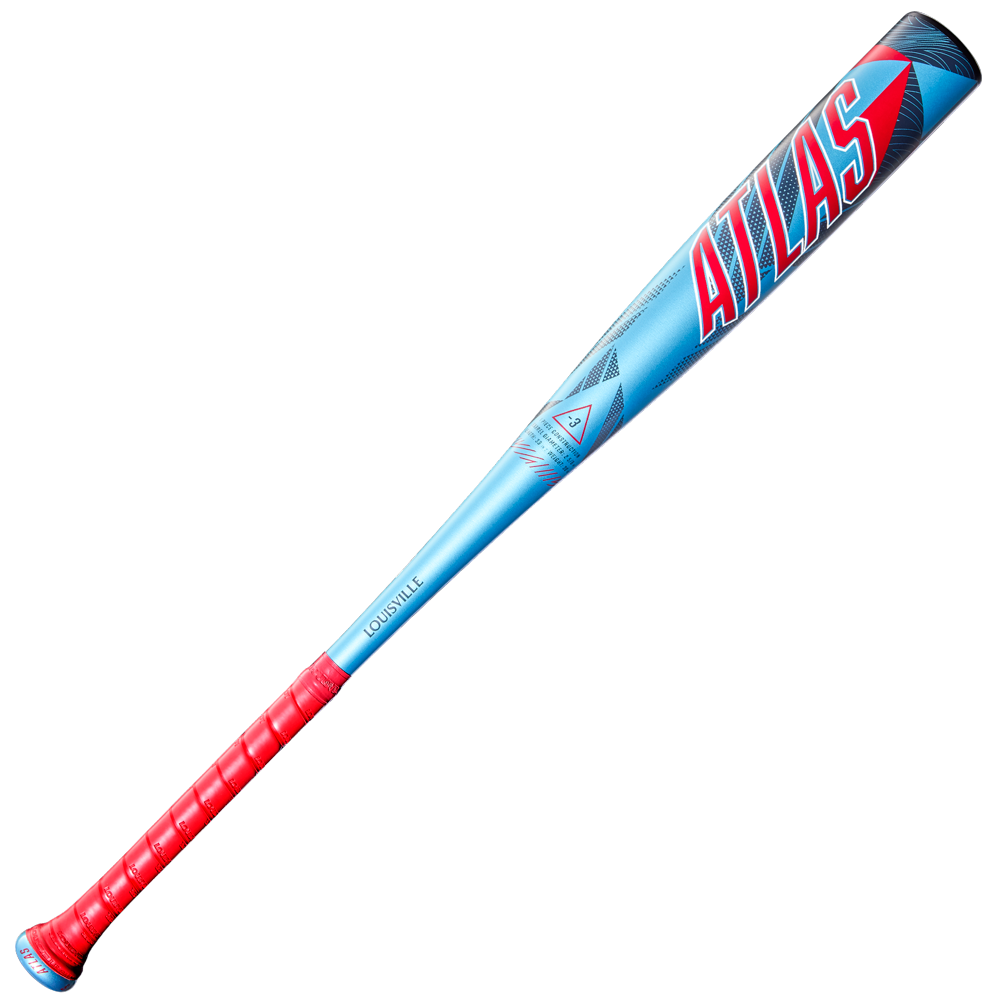 A 2026 Louisville Slugger Atlas (-3) BBCOR Baseball Bat (WBL4116010), blue and red with “ATLAS” in red on the barrel and “LOUISVILLE” near the handle, one-piece alloy, shown on a plain white background.