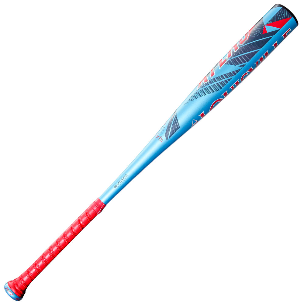 The 2026 Louisville Slugger Atlas (-3) BBCOR Baseball Bat (WBL4116010), featuring a blue and red design with a red grip and modern graphics, is shown against a plain white background.