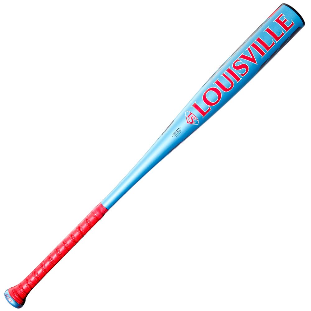 A metallic blue 2026 Louisville Slugger Atlas (-3) BBCOR Baseball Bat (WBL4116010) features a red handle and “LOUISVILLE” in large red letters on the barrel.