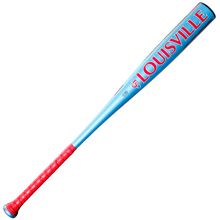 A metallic blue 2026 Louisville Slugger Atlas (-3) BBCOR Baseball Bat (WBL4116010) features a red handle and “LOUISVILLE” in large red letters on the barrel.