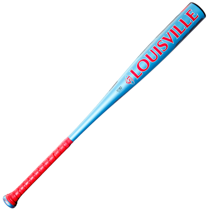 A metallic blue 2026 Louisville Slugger Atlas (-3) BBCOR Baseball Bat (WBL4116010) features a red handle and “LOUISVILLE” in large red letters on the barrel.