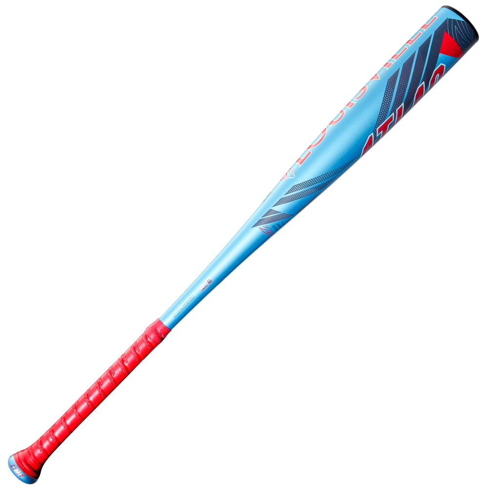The 2026 Louisville Slugger Atlas (-3) BBCOR Baseball Bat (WBL4116010) features a metallic blue one-piece alloy design with red and black accents and a red grip, shown against a plain light background.