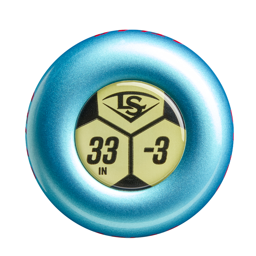 A shiny blue circular knob sticker with a gold center features the Louisville Slugger logo and "33 IN -3" in black, ideal for your 2026 Louisville Slugger Atlas (-3) BBCOR Baseball Bat: WBL4116010.